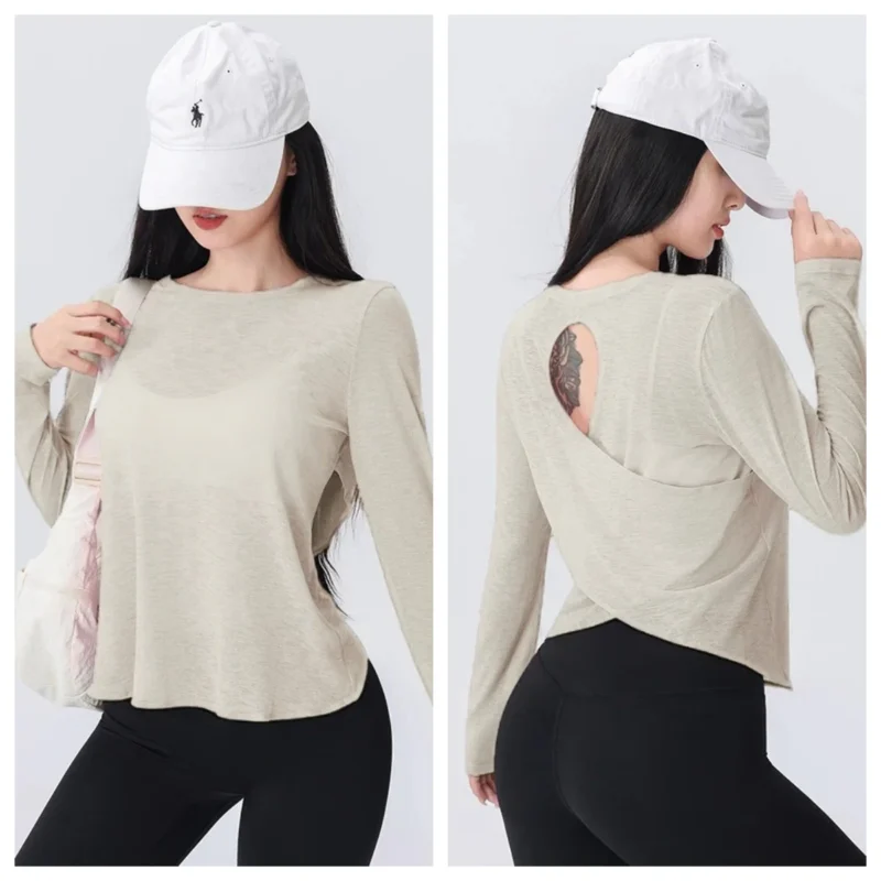 Breathable Open Back Yoga Top, Women's Loose Fit Long Sleeve Shirt, Lightweight Running & Pilates Wear