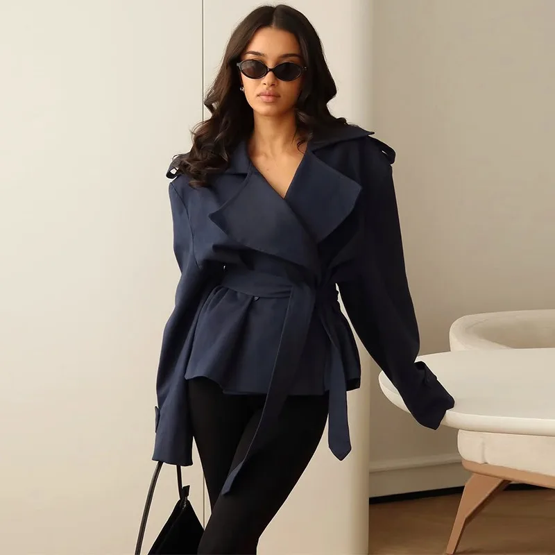 F New Fashion Lace up Cropped Trench Coat Women Lapel Long Sleeves Wide Shoulder Windbreaker Jacket Fall Commuting Daily Jackets
