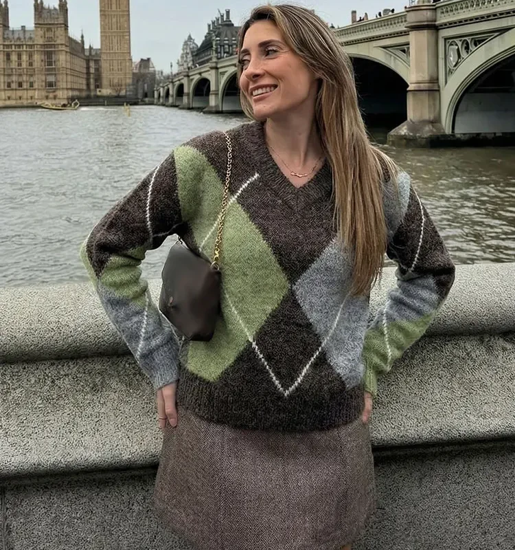 HH 2026 Spring Sweater For Women Elegant Fashion Diamond Plaid Knitted Pullover Sweater Loose Oversized High Street Lady Tops